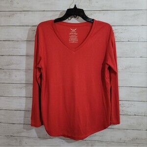 Faded Glory Red V Neck Long Sleeve Tee T‎ Shirt Top Size Small